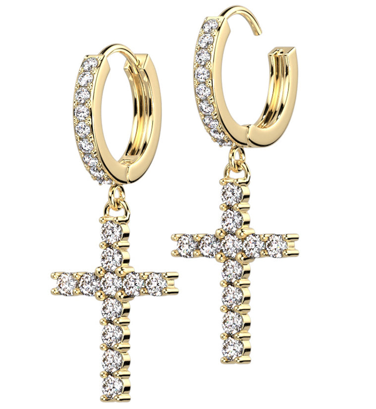 Gold PVD Cross CZ Stainless Steel Hoop Earrings