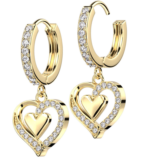 Gold PVD Double Heart CZ Stainless Steel Hoop Earrings