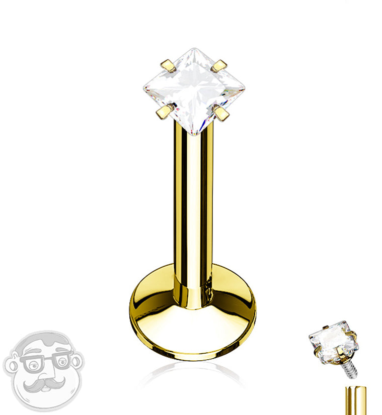 Rose Gold PVD Sqaure CZ Prong Internally Threaded Labret