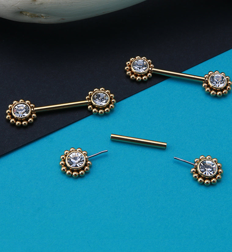 14G Gold PVD Gem Verge Threadless Nipple Ring Barbells