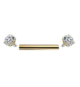 Gold PVD Double Square CZ Prong Set Stainless Steel Barbell