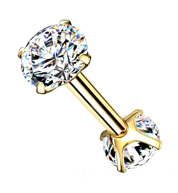 Gold PVD Double Square CZ Prong Set Stainless Steel Barbell