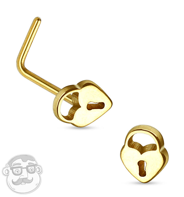 20G Golden Love Lock Top Stainless Steel L Shaped Nose Ring