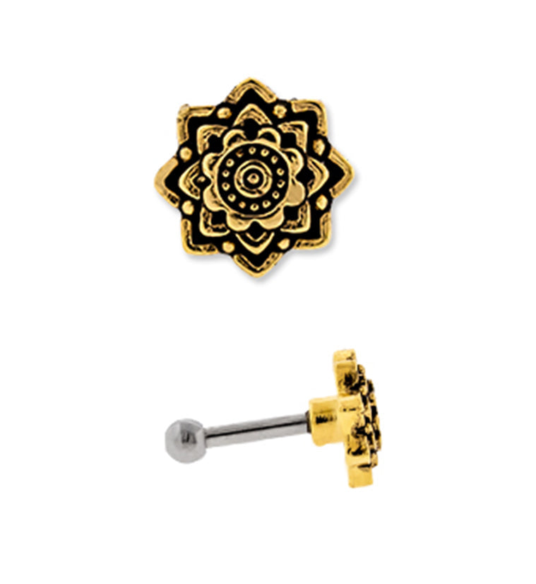 16G Gold PVD Mandala Flower Tragus / Cartilage Barbell