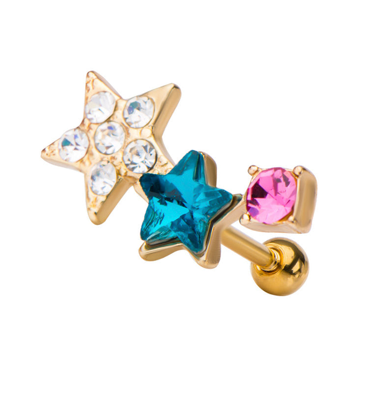 18G Gold PVD Multi Gem Triple Star Cartilage Barbell