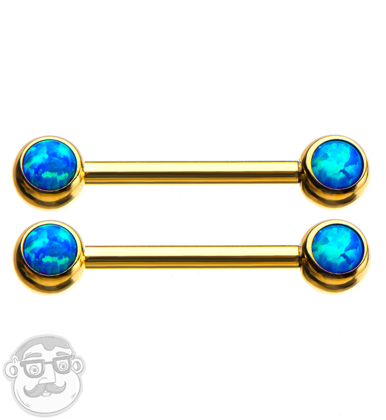 14G Blue Opalite Gold PVD Nipple Ring Barbell