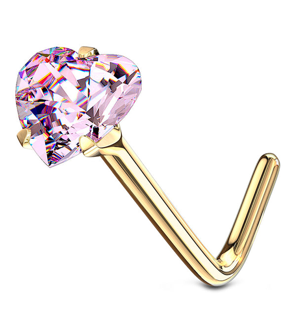 14kt Gold Pink Heart CZ L Bend Nose Ring