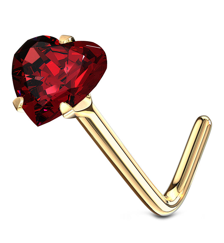 14kt Gold Red Heart CZ L Bend Nose Ring