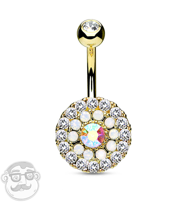 Gold PVD Rainbow Aurora CZ & Opal Disk Belly Button Ring