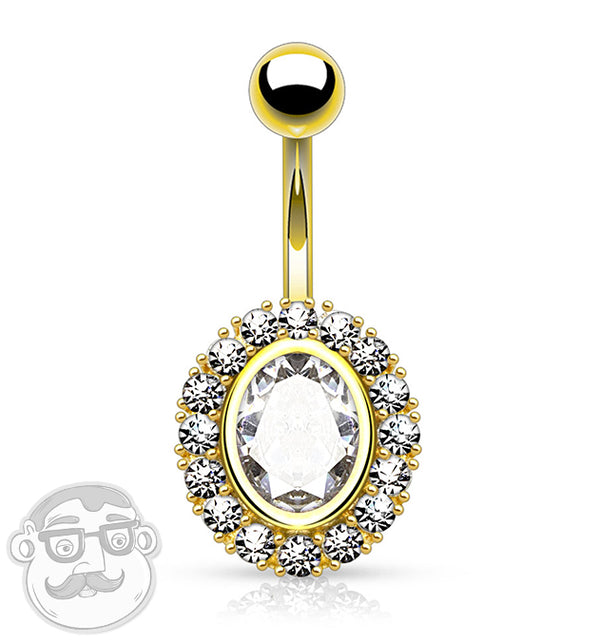 Gold Plated Oval Clear CZ Rim Single CZ Belly Button Ring