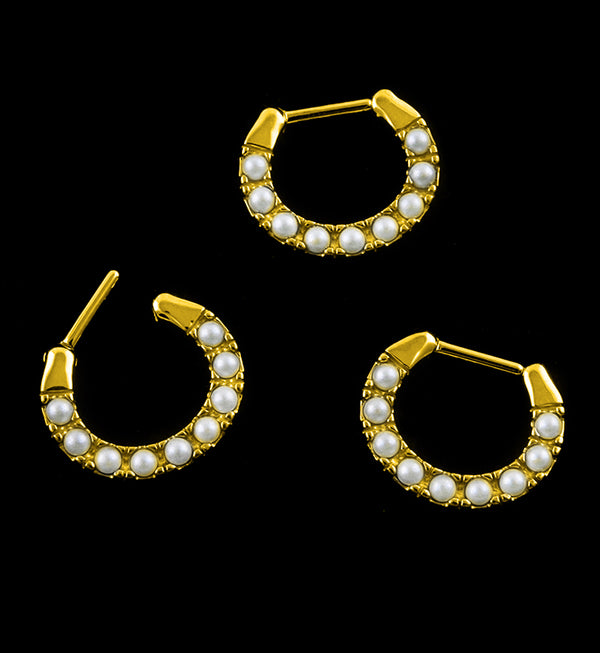 Gold PVD Pearl HInged Segment Hoop Ring