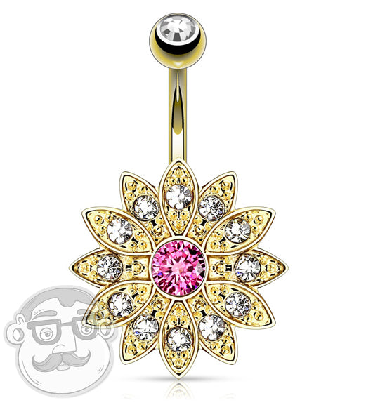 14kt Gold Plated Flower with CZ Gem Belly Button Ring