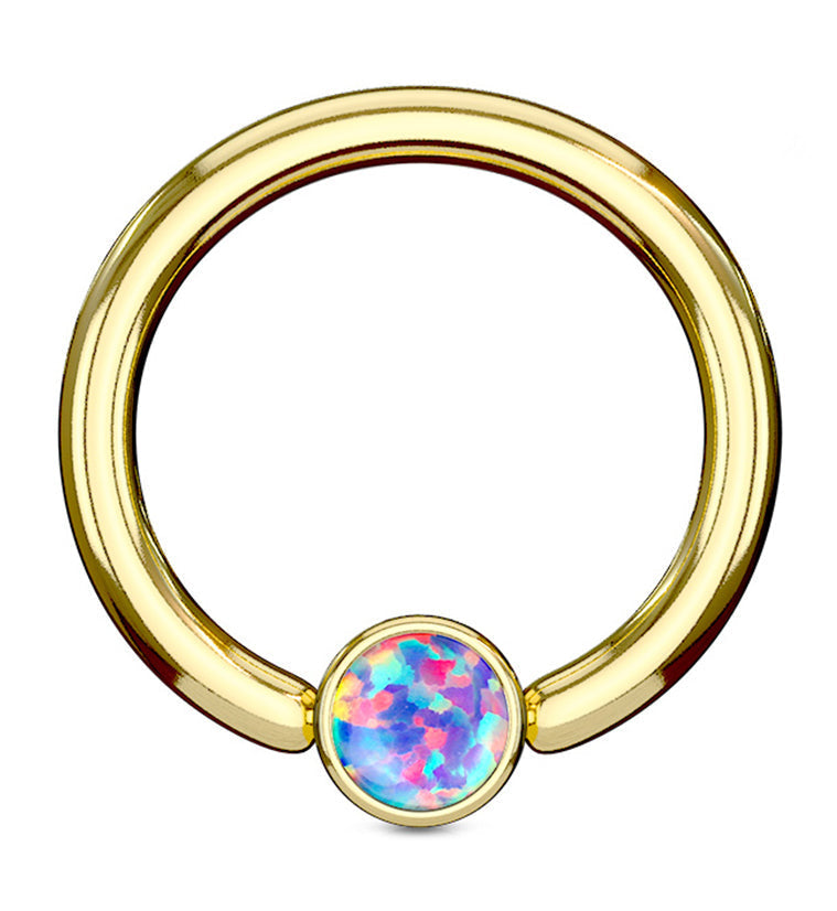 Gold PVD Purple Opalite Flat Disk Captive Ring