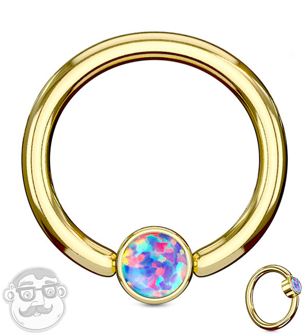 Gold PVD Purple Opalite Flat Disk Captive Ring