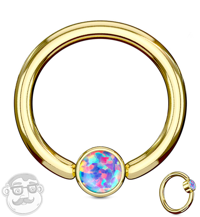 Gold PVD Purple Opalite Flat Disk Captive Ring