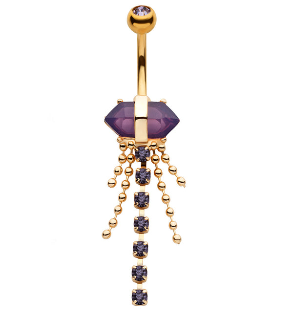 Gold PVD Amethyst Crystal Bead Chain Stainless Steel Belly Button Ring