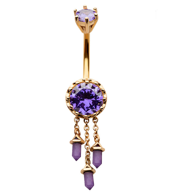 Gold PVD Amethyst Crystal Dangle Stainless Steel Belly Button Ring
