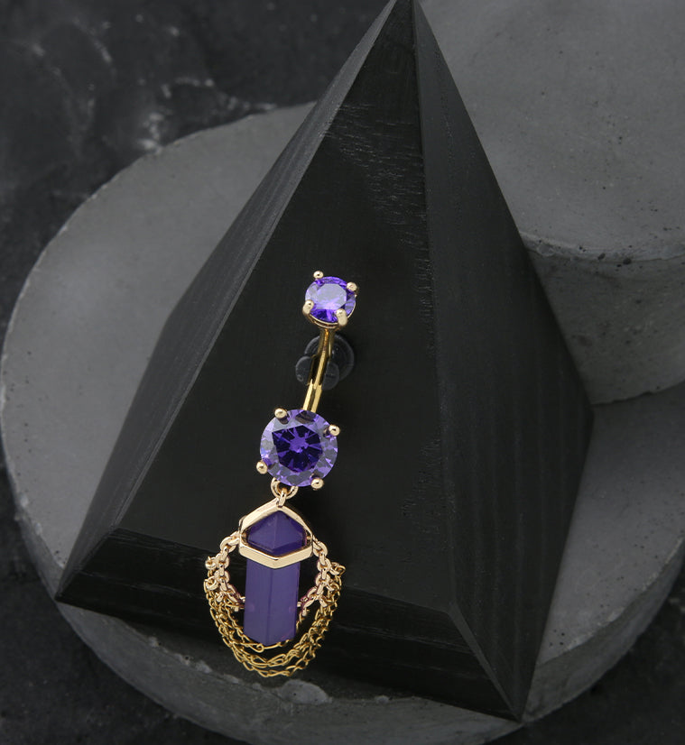 Gold PVD Amethyst Crystal Multi Dangle Chain Stainless Steel Belly Button Ring