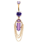 Gold PVD Amethyst Crystal Multi Dangle Chain Stainless Steel Belly Button Ring