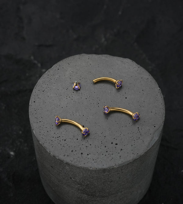 Gold PVD Amethyst CZ Prong Set Stainless Steel Curved Barbell