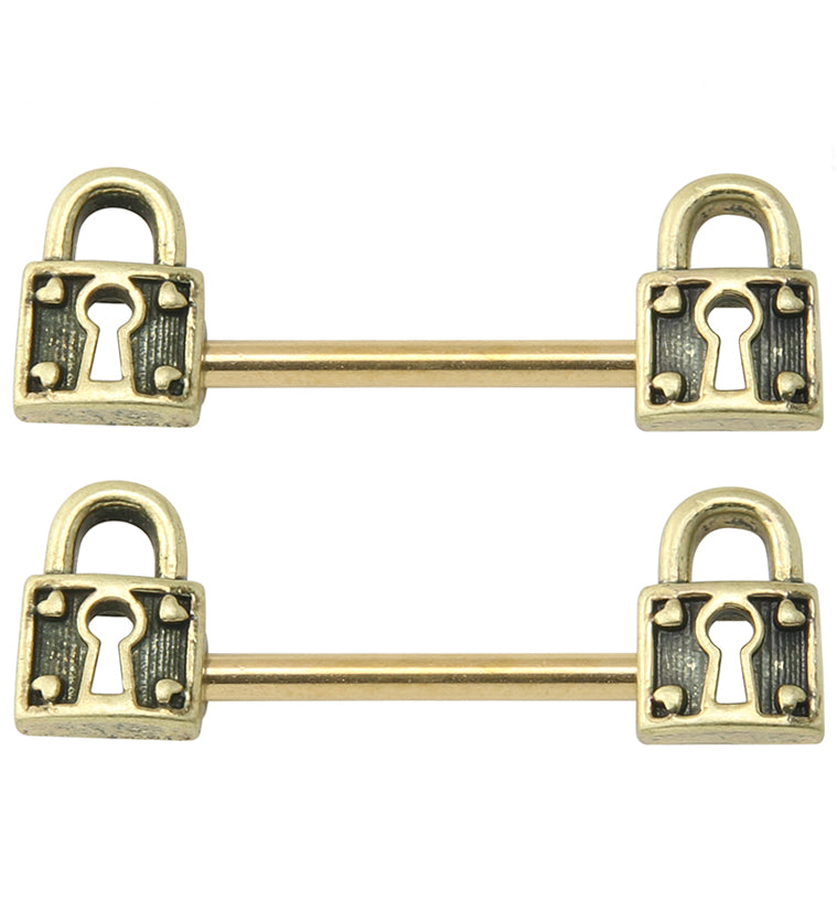Gold PVD Antique Lock Stainless Steel Nipple Barbell