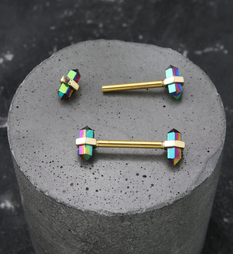 Gold PVD Apex Rainbow Crystal Internally Threaded Nipple Barbell