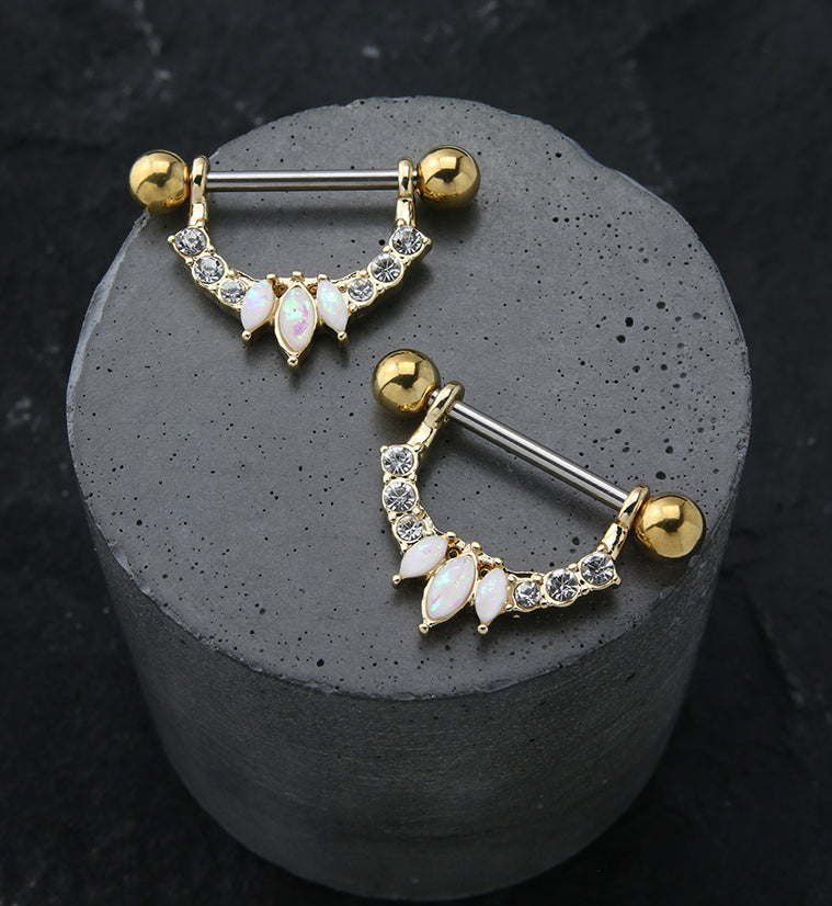 Gold PVD Apex White Opalilte Clear CZ Nipple Ring Barbell