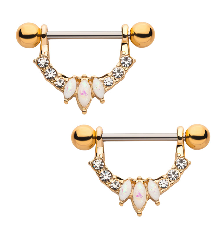 Gold PVD Apex White Opalilte Clear CZ Nipple Ring Barbell