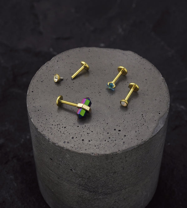 Gold PVD Aqua Triangle CZ and Rainbow Aurora Crystal Stainless Steel Internally Threaded Labret Pack