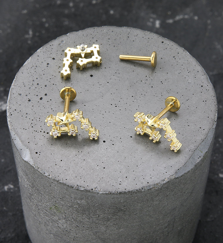 Gold PVD Aquarius Constellation Clear CZ Stainless Steel Internally Threaded Labret