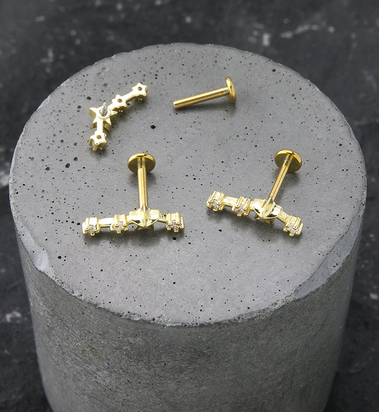 Gold PVD Aries Constellation Clear CZ Stainless Steel Internally Threaded Labret