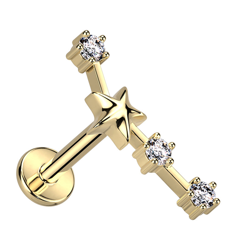 Gold PVD Aries Constellation Clear CZ Stainless Steel Internally Threaded Labret