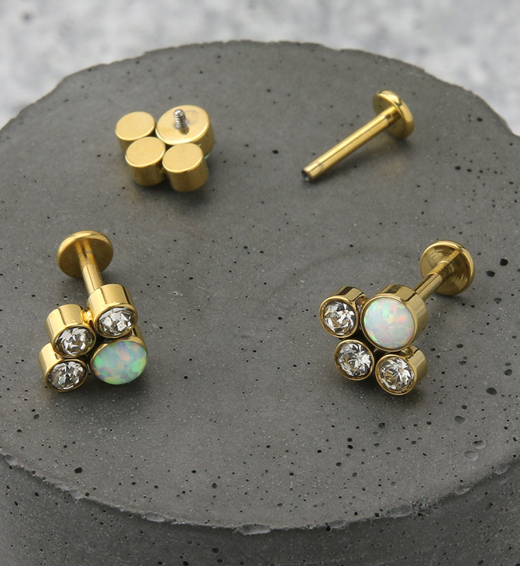 Gold PVD Array White Opalite Clear CZ Titanium Internally Threaded Labret