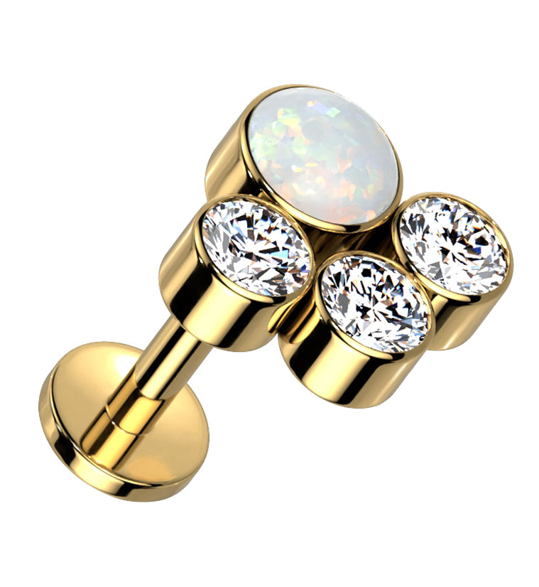 Gold PVD Array White Opalite Clear CZ Titanium Internally Threaded Labret