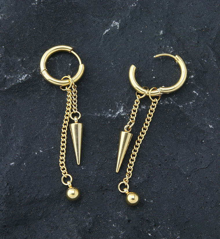 Gold PVD Ball Cone Dangle Stainless Steel Hoop Earrings