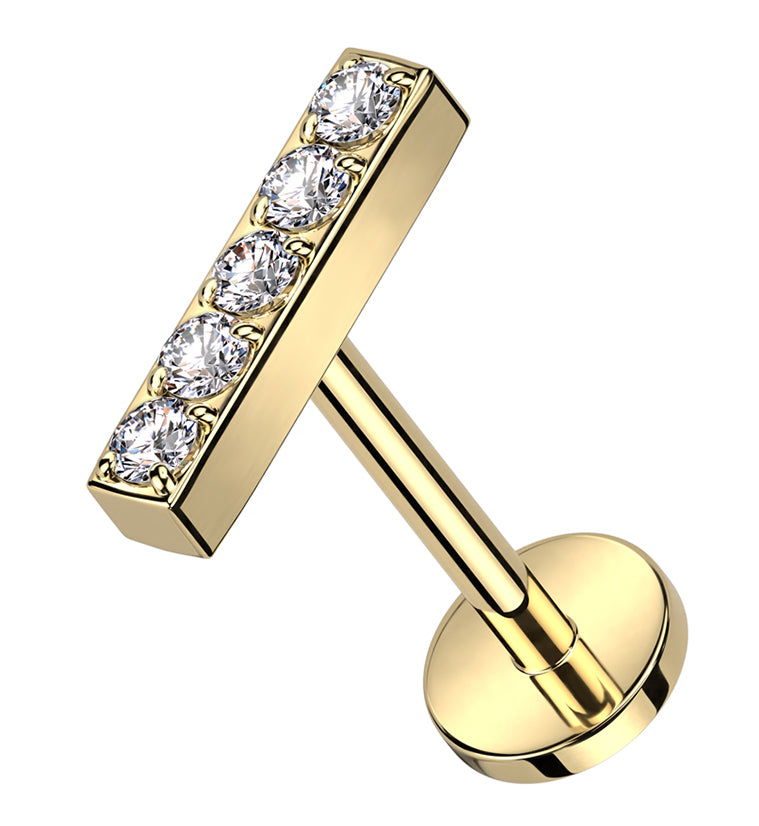 Gold PVD Bar Clear CZ Titanium Threadless Labret