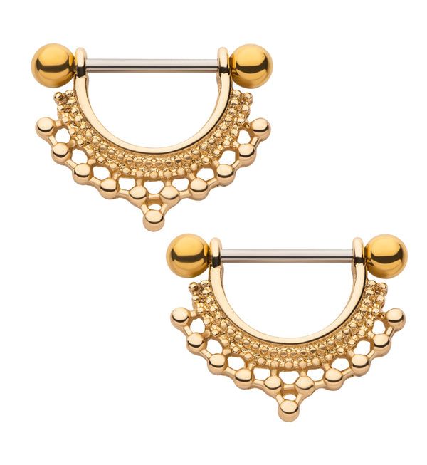 Gold PVD Beaded Crown Nipple Ring Barbell