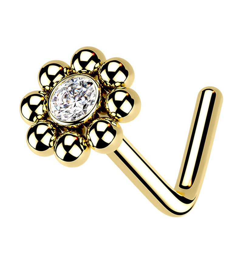 Gold PVD Beaded Flower Clear CZ L Bend Nose Stud