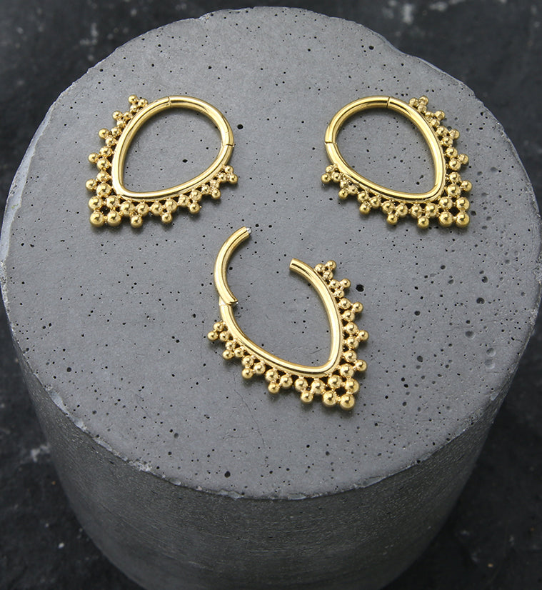 Gold PVD Beaded Teardrop Stainless Steel Hinged Segment Ring