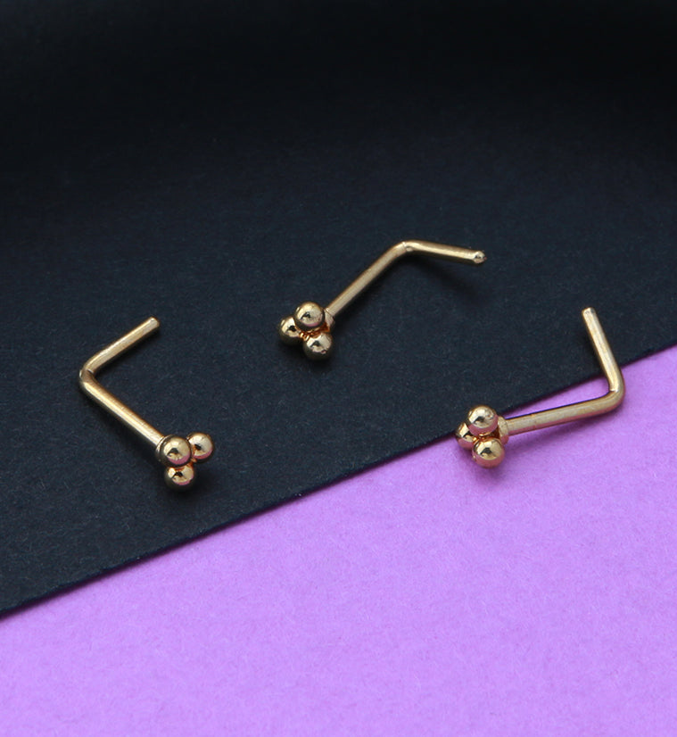 Gold PVD Beaded Triad L Bend Nose Stud