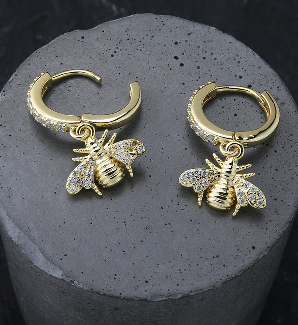 Gold PVD Bee CZ Stainless Steel Hoop Earrings