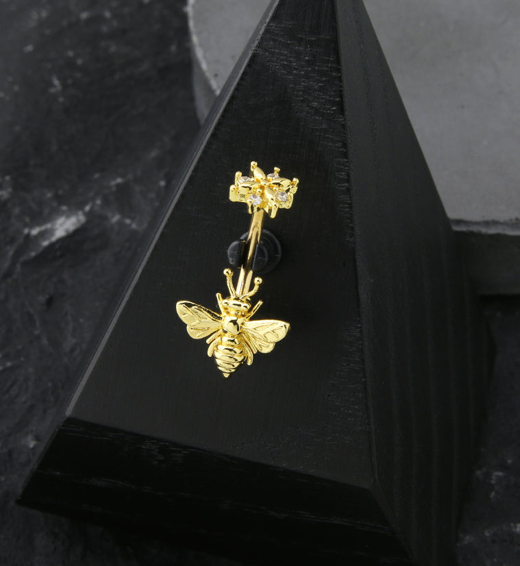 Gold PVD Bee Flower Top CZ Stainless Steel Belly Button Ring