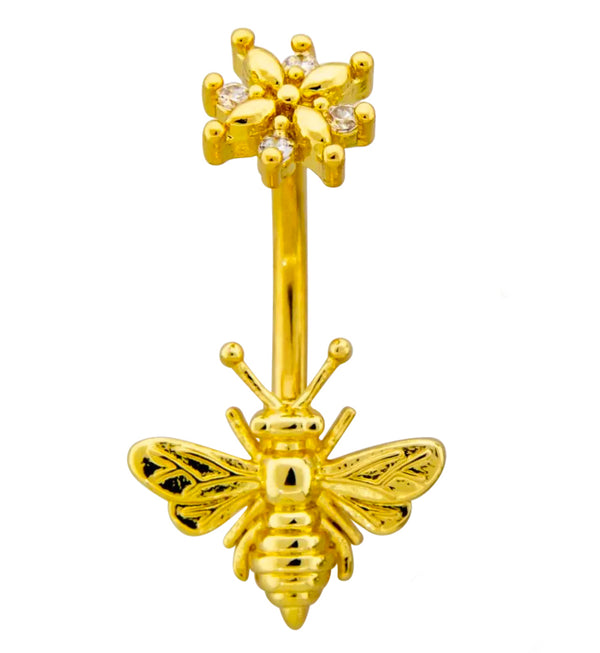 Gold PVD Bee Flower Top CZ Stainless Steel Belly Button Ring