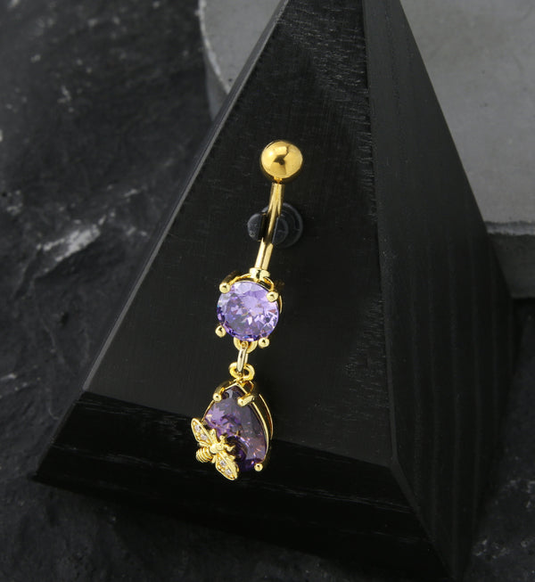 Gold PVD Bee Teardrop Purple CZ Stainless Steel Belly Button Ring