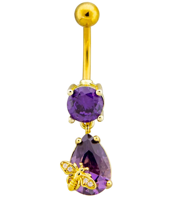 Gold PVD Bee Teardrop Purple CZ Stainless Steel Belly Button Ring