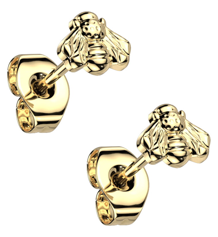 Gold PVD Bee Titanium Threadless Earrings