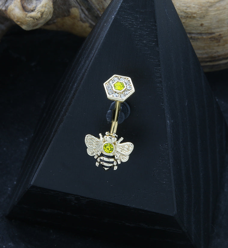 Gold PVD Bee Topaz CZ Belly Button Ring