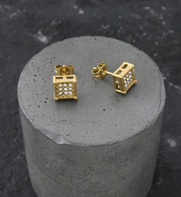 Gold PVD Block Clear CZ Stainless Steel Stud Earrings