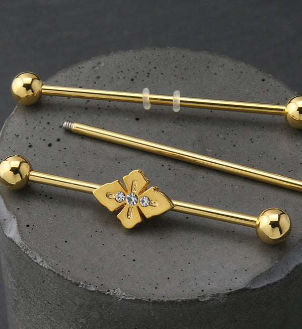 Gold PVD Blossom Clear CZ Industrial Barbell