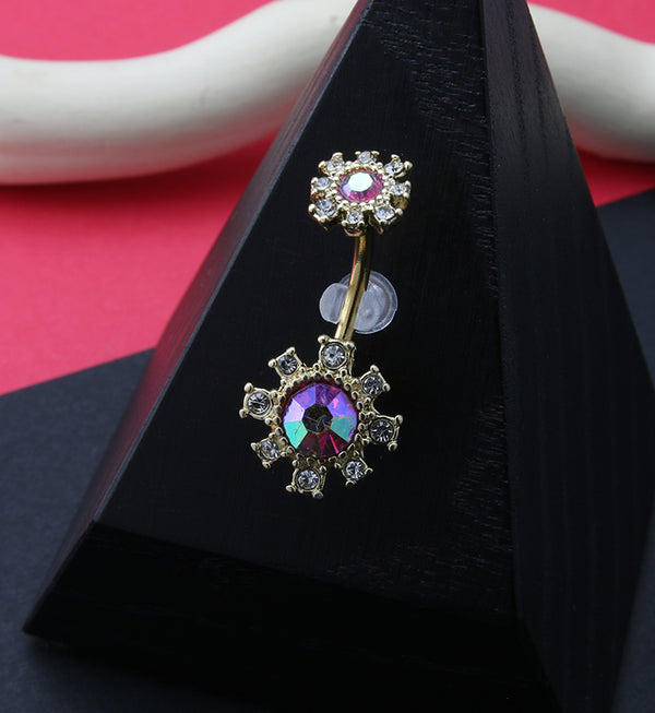 Gold PVD Blossom Pink Aura CZ Belly Button Ring